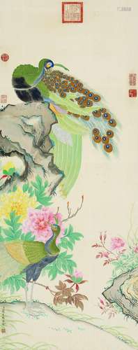 CHINESE SCROLL PAINTING OF PEACOCK AND FLOWER SIGNED BY JIAN...