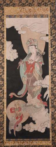 CHINESE SCROLL PAINTING OF STANDING GUANYIN SIGNED BY DING G...