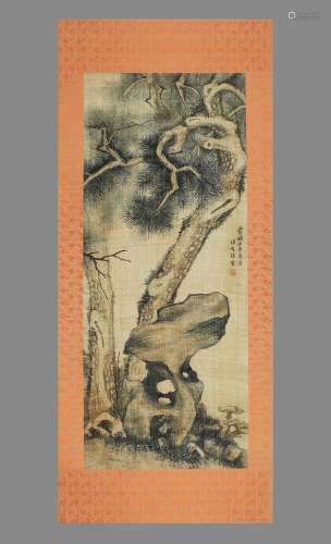 CHINESE SCROLL PAINTING OF PINE TREE AND ROCK SIGNED BY XIAN...