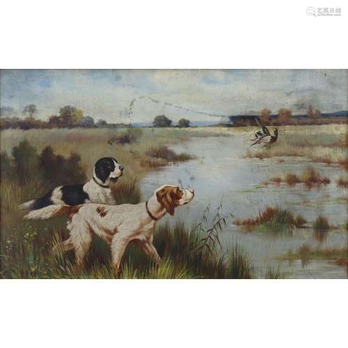 UNSIGNED. Oil on Canvas Hunting Dogs.