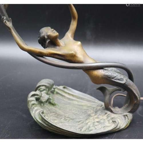 Marina Signed Bronze Art Nouveau Figural Lamp.