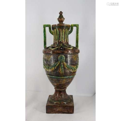 Monumental Majolica/ Glazed Terracotta Lidded Urn