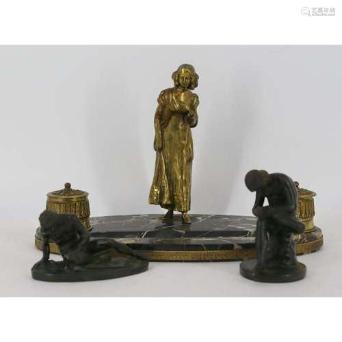 Antique Marble & Gilt Metal Inkwell & 2 Bronze