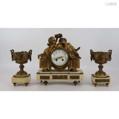 Antique French Bronze & Marble Clock Garniture Set