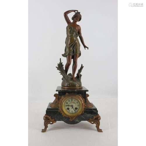 Antique Patinated Metal Figural Clock On Marble.