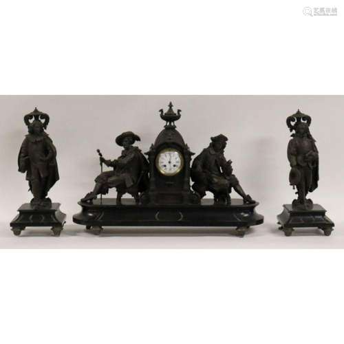 Monumental Spelter And Marble Clock Garniture Set