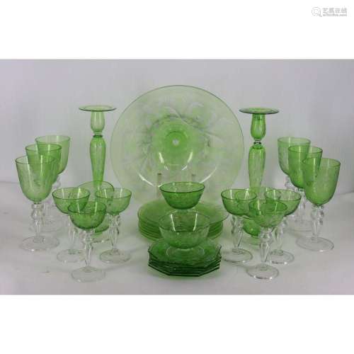 Large Lot Of Steuben Green To Clear Etched Glass.