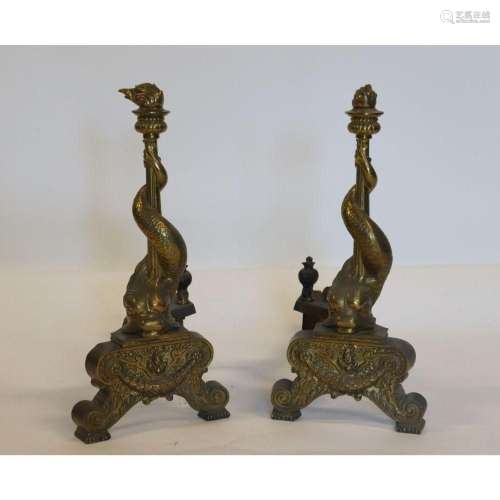 An Antique pair Of Gilt Bronze Dolphin Form A