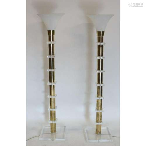 Pair of Lucite & Brass Floor Lamps.