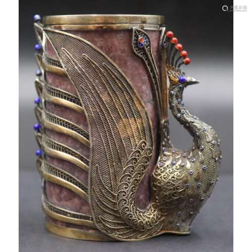 SILVER. Chinese Silver Carved Stone and Enamel Cup