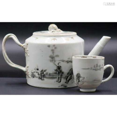 Chinese Grisaille Teapot and Tea Cup.