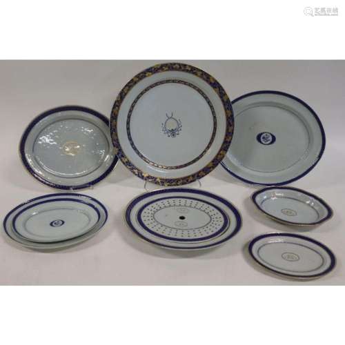 (8) Chinese Export Blue & White Platters with Gilt