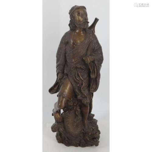 Japanese Bronze of a Man Standing Atop a Dragon or