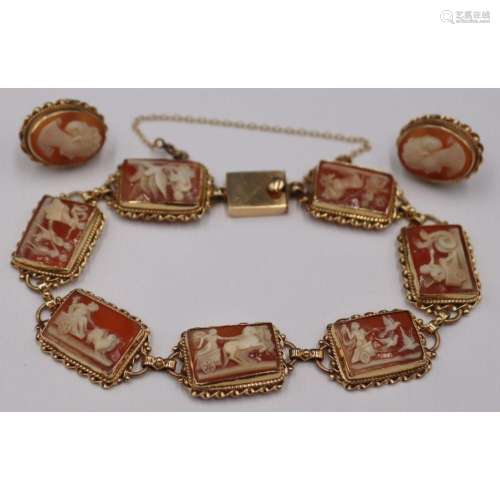 JEWELRY. 3 Pc. 14kt Gold and Carved Cameo Jewelry.