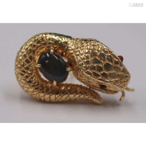 JEWELRY. 14kt Gold and Gem Snake Form Tie Tack.