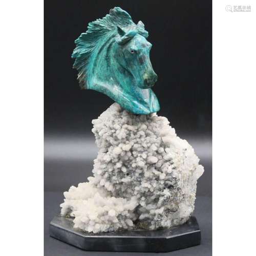 Carved Chrysocolla Horse on a Quartz and Pyrite