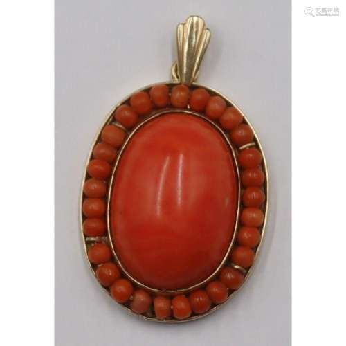 JEWELRY. Large 14kt Gold and Salmon Coral Pendant