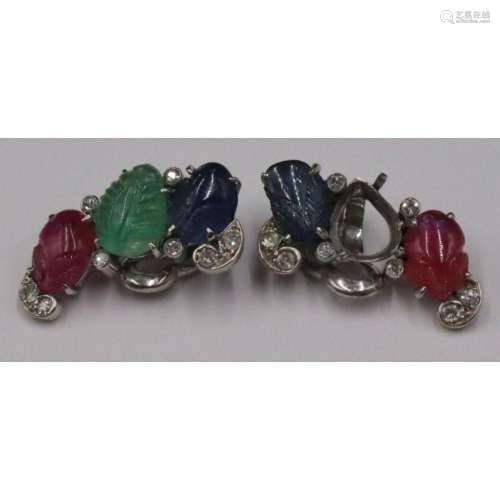 JEWELRY. Pair of Colored Gem and Diamond Ear Clips