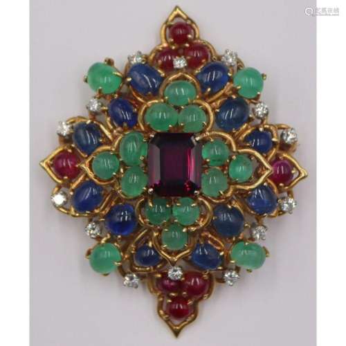 JEWELRY. 18kt Gold Colored Gem and Diamond Brooch.