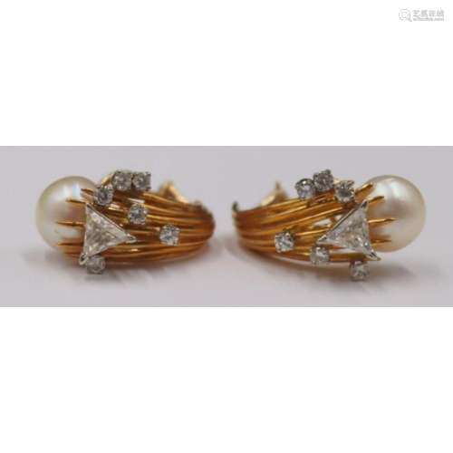 JEWELRY. 18kt Gold, Pearl, and Diamond Earrings.