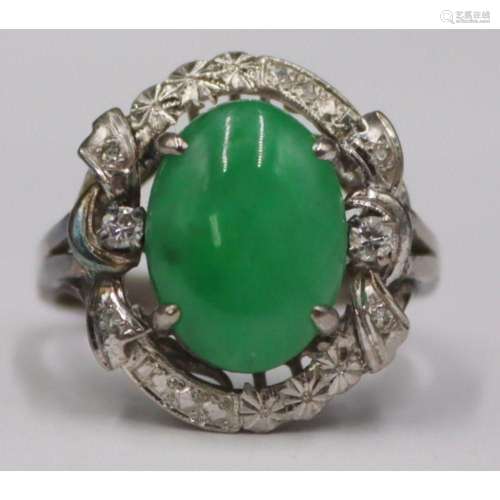 JEWELRY. 14kt Gold, Jade and Diamond Ring.