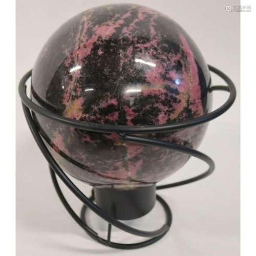 SPECIMEN. Rhodonite Sphere Sculpture on Stand.