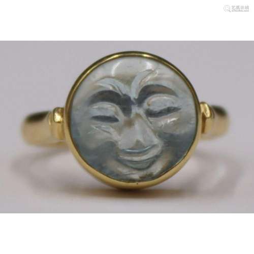 JEWELRY. 14kt Gold and Carved Gem Moon Ring.