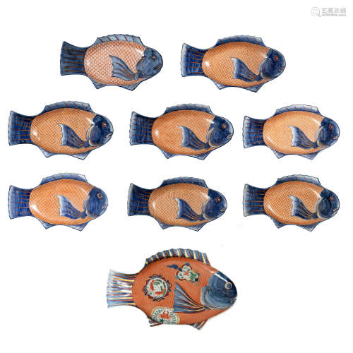 Set of 9 Japanese Imari fish plates and platter