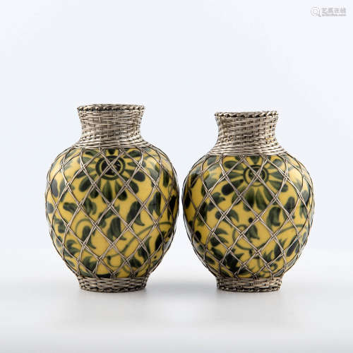 Two Japanese porcelain vases with woven sterling