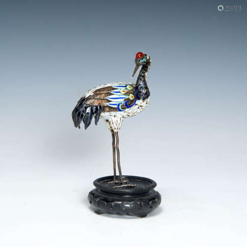 A Japanese gilt silver and enamel crane, Meiji