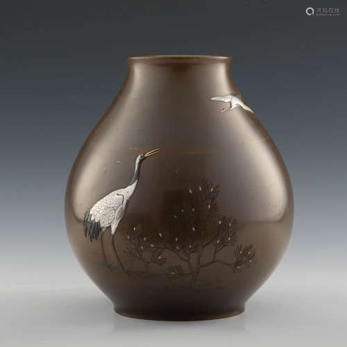 A Japanese bronze mixed metal vase w/ inscription