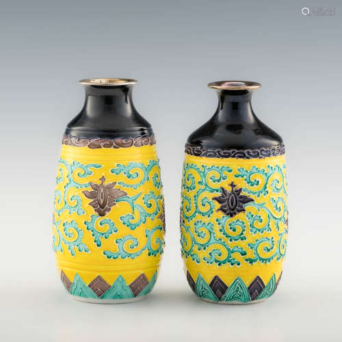 Two Japanese Eiraku porcelain vases w/ silver rims