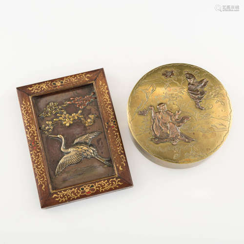 A Japanese mixed metal plaque and box