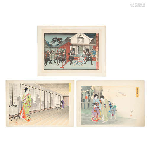 2 woodblocks by T. Chikanobu and a U. Kunisa copy