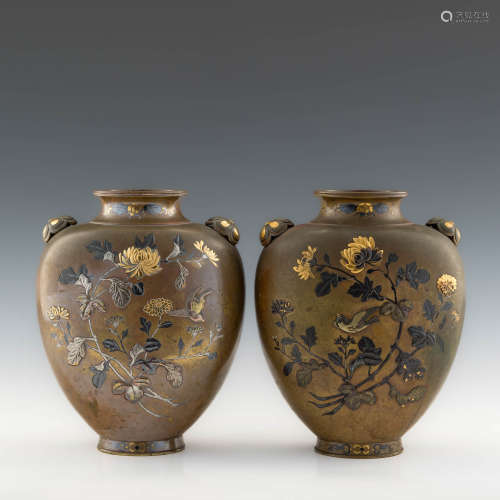 A pair of Japanese mixed metal bronze vases, Meiji