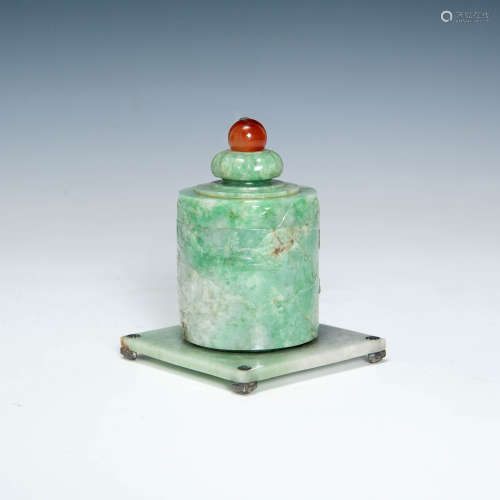 A carved jadeite inkwell by Yamanaka & Co.