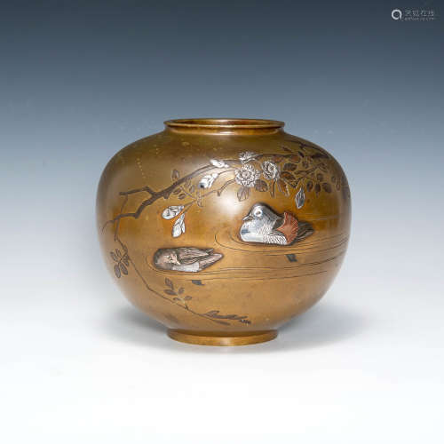 A Japanese bronze mixed metal vase w/ mandarin duc