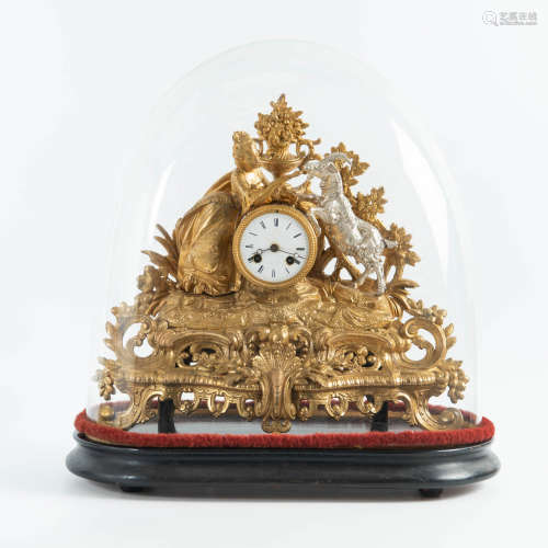 A Napoleon III brass mantel clock with glass cloche, signed ...