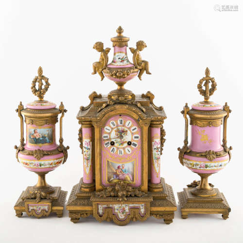A Napoleon III Sevres style gilt-bronze three-piece clock ga...
