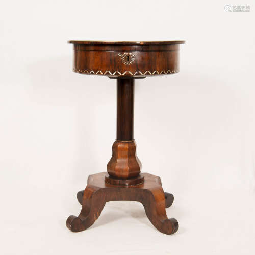 A Regency mother-of-pearl inlaid rosewood drum-form sewing t...