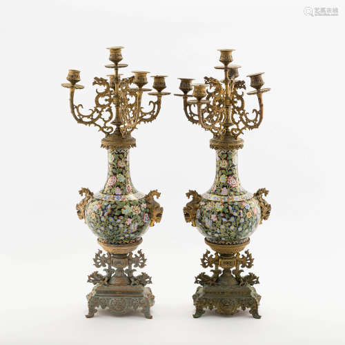 A pair of Napoleon III gilt-bronze and Chinese cloisonne fiv...