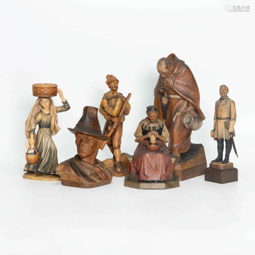 Six hand carved and painted wood figures, Anri; Albert Petit...