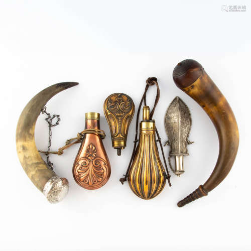 A group of six powder horns and flasks, 19th century