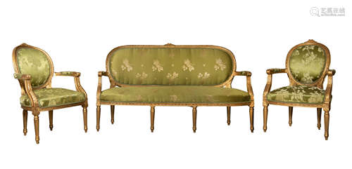 A Louis XVI style giltwood salon suite, late 19th/early 20th...