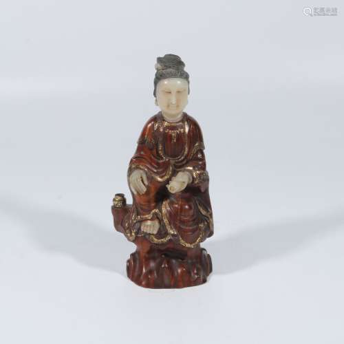 Wood carving inlaid Shoushan stone Guanyin statue