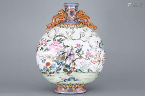 Enamel flower and bird amphora flat vase
