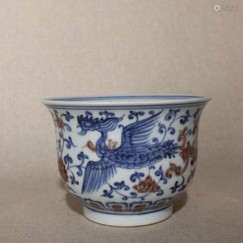 Blue and white underglaze red phoenix cup
