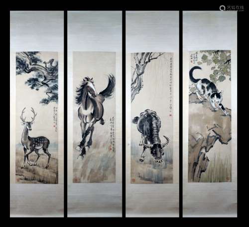 Four screens of Xu Beihong's animals