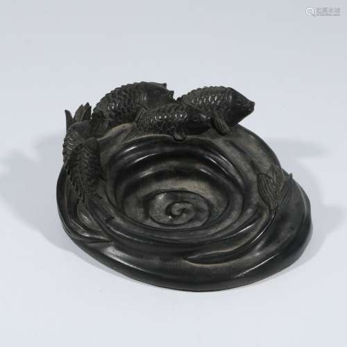 Wood Carved Fish Pattern Inkstone Table
