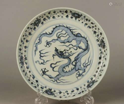 Blue and white twisted branches cloud dragon pattern plate